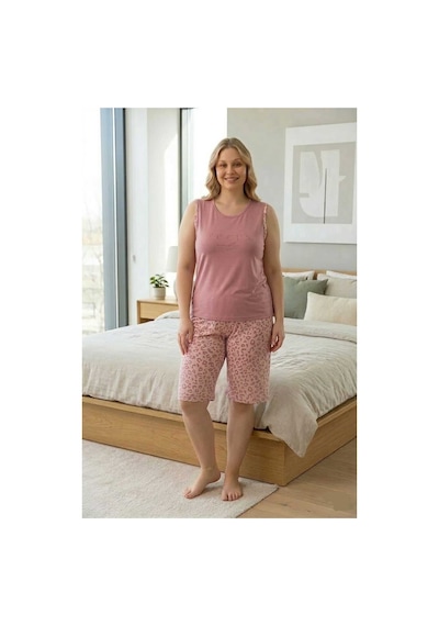 Eyfuze Kadın Milan Kumaş Büyük Beden Curve Baskılı Desenli Şortlu Pijama Takımı Pembe