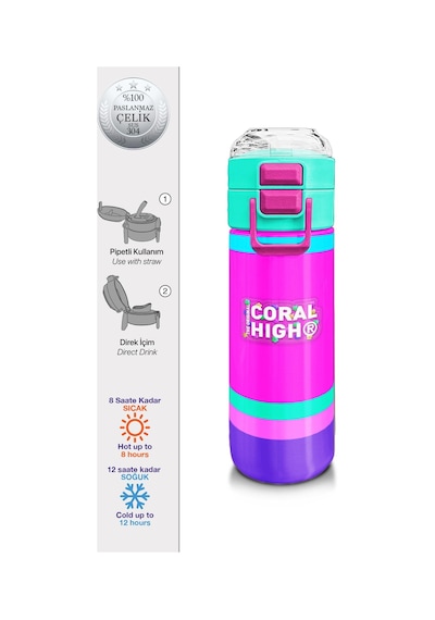 Coral High Kids Çok Renkli Pipetli Ve Direkt İçim Çelik Termos 500 Ml 31864 Pembe