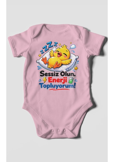 Morivokids Sessiz Olun, Enerji Topluyorum Kısa Kollu Bebek Body %100 Pamuk Koyu Pembe
