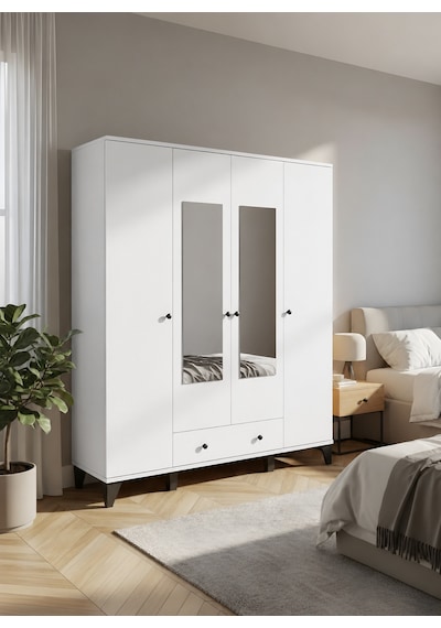 Vento Modern 4 Kapaklı Aynalı Fonksiyonel Yatak Odası & Genç Odası Elbise Dolabı - Beyaz