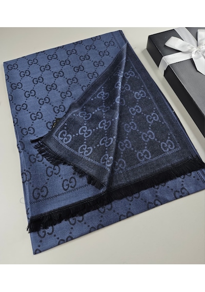 Miorel Scarfs G Desen Çift Taraflı Kaşmir İpek Şal 4 Mevsim Soft Pamuklu Şal Lacivert
