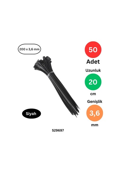 Tr Tek-iş Plastik Kablo Bağı 200mm X 3.6mm Siyah 50 Adet Dayanıklı Cırt Kelepçe Kablo Sabitleme Ve Dü Genel