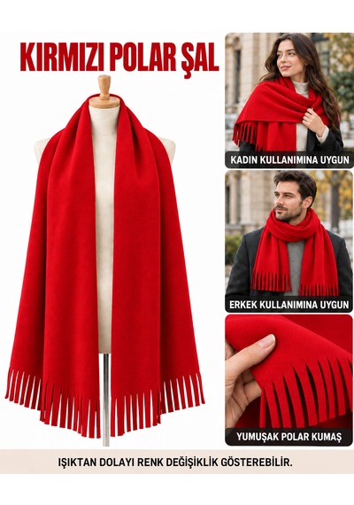 Bigohobi Unisex Polar Şal, Kadın Ve Erkek Kışlık Püsküllü Yumuşak Polar Kumaş Şal Kırmızı