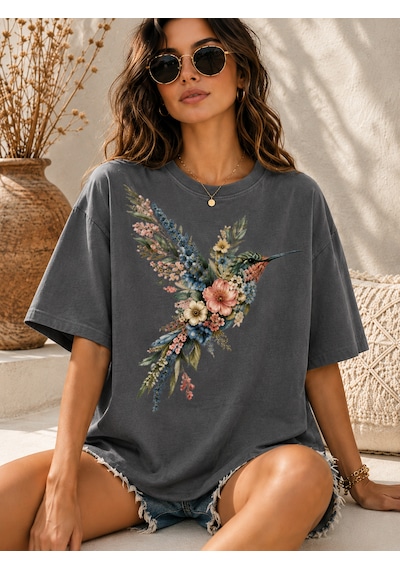 Velaura Studio Çiçekli Kuş Kadın T-shirt Açık Füme