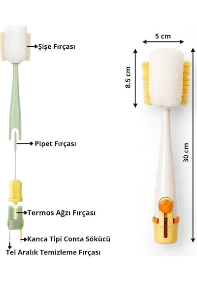 Buffer 5 İ 1 Arada Çok Amaçlı Şişe Temizleme Fırçası Sürahi, Kavanoz, Pipet, Kapak, Emzik Ve Biberon Temizlik Seti