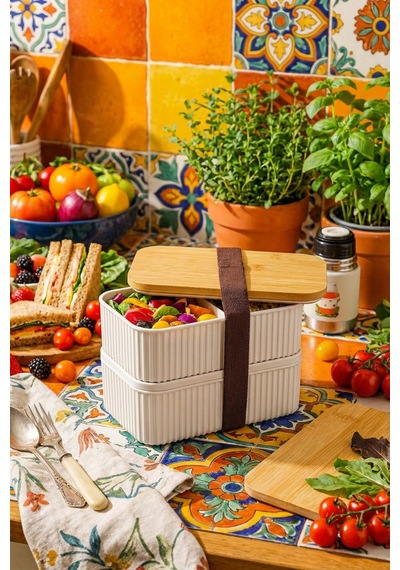 Makri Home Bambu Kapaklı 2'li Saklama Kabı Seti 0,5+0,5 Litre Üst Üste Konabilir 15x9x10 Cm Beyaz