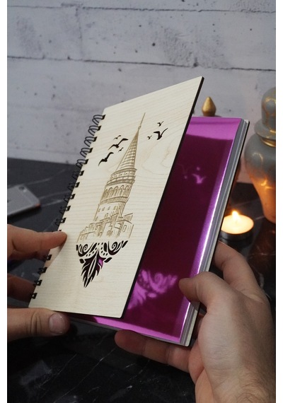 A5 Spiralli Galata Kulesi Desen Ahşap Defter - Ajanda - Günlük - Çizgisiz Defter Ahşap Rengi Banu Pembe