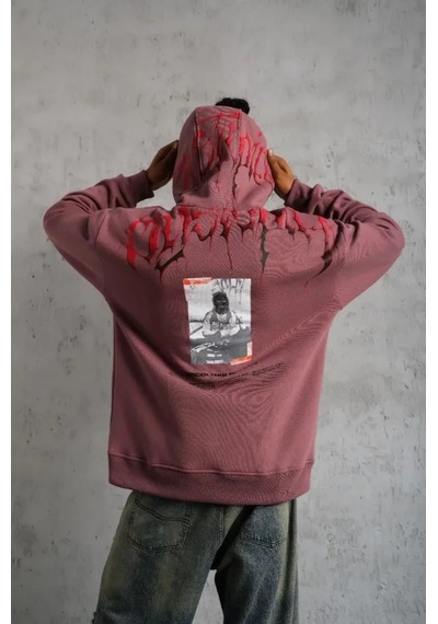 Suma Erkek Kapüşonlu 3 İplik Sweatshirt Gül Kurusu Ön Arka Baskılı Gülkurusu