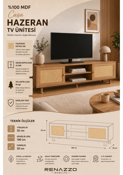Renazzo %100 Mdf Casa Hazeran Tv Ünitesi Atlantik Çam 180x50 Cm