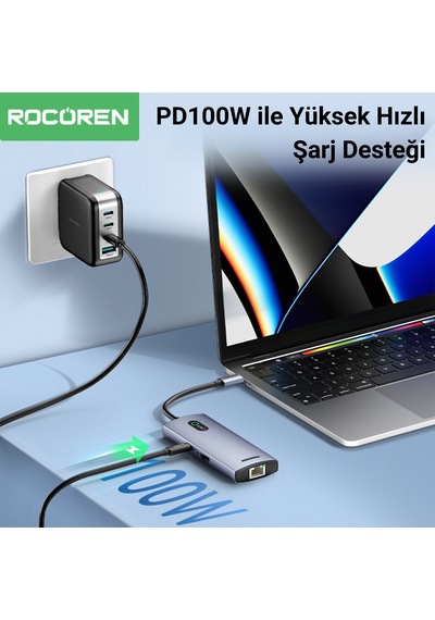 Rocoren 6 Portlu 4k 30hz Gigabit Ethernet 3 Usb3.0 Pd 100w Destekli Hub Çoklayıcı