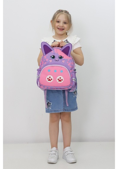 Anaokulu Kız Çocuk Sırt Çantası Sevimli Kedi Figürlü Mor Pembe Desenli