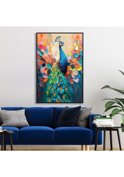 Yağlı Boya Dokulu Tablo Modern Renkli Tavus Kuşu Siyah Çerçeveli U04031-178945