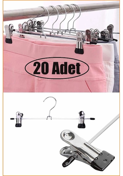 Mandallı Metal Pantolon & Etek Askısı Gümüş 20 Adet Krom