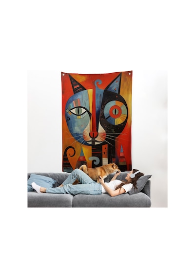 Pablo Picasso Tarzı - Soyut Renkli Kedi Duvar Örtüsü-7371