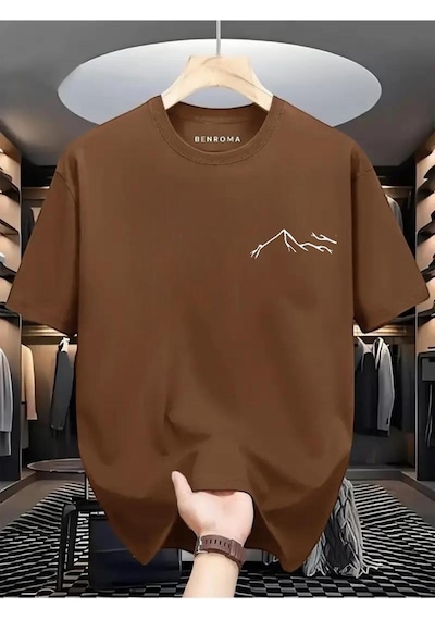 Beyaz Dağ Baskılı Oversize Tişört Kahverengi