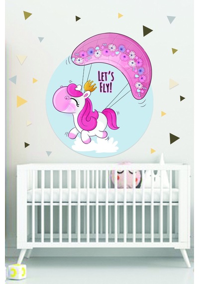 Üçgenler Ve Paraşütlü Unicorn Çocuk Odası Duvar Sticker 95x50 Cm
