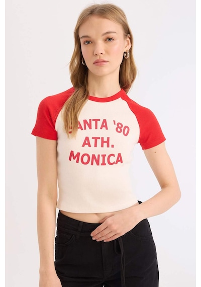 DeFacto Coool Fitted Bisiklet Yaka Baskılı Fitilli Kaşkorse Kısa Kollu Tişört E0677AX25SMRD256