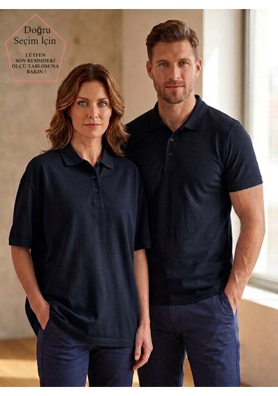 Smalltouch Unisex Kadın Erkek Polo Yaka Regular Kalıp Düğmeli Pike Tişört Koyu Lacivert
