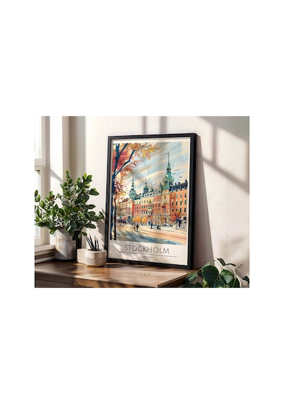 Stockholm Sweden Travel Poster Ahşap Çerçeveli Dekoratif Duvar Tablosu Siyah