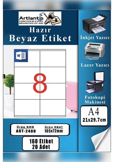 A4 Hazır Etiket 105x72 Mm 20 Sayfa 1 Paket 8 Li Kendinden Yapışkanlı Fotokopi Lazer İnkjet Kağıdı Yazıcılar İçin Uyumlu