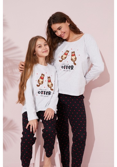Siyah İnci Pamuklu Örme Pijama Takım 24241062 Gri