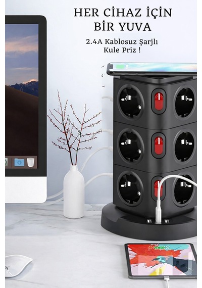 12 Prizli Güç Kulesi Akıllı Priz 3 Usb + Kablosuz Şarj 3680w Yüksek Güç