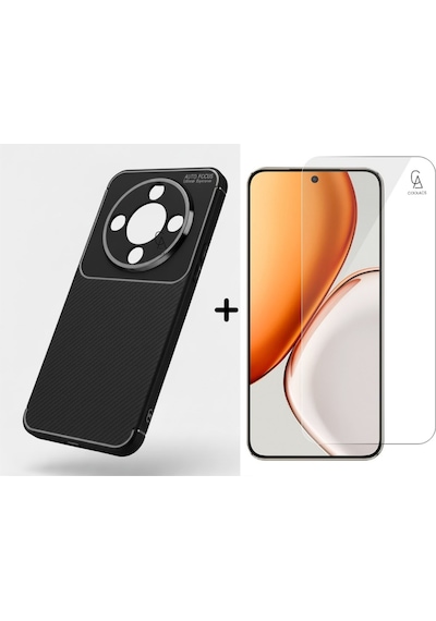 Honor Magic 8 Lite İle Uyumlu Karbon Tasarım Silikon Telefon Kılıfı Ve Temperli Cam Ekran Koruyucu Siyah