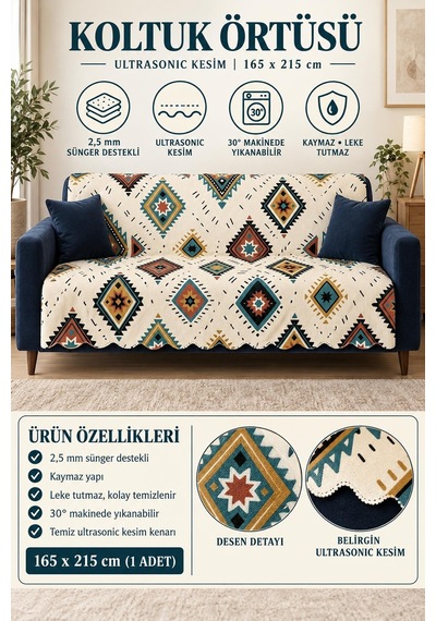 Çok Amaçlı Kadife Koltuk Örtüsü Kaymaz Süngerli 165x215 Cm Modern Bohem Çekyat Şalı Piknik Masa Örtüsü Alk13 krem