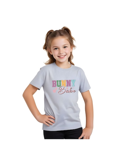 Panios Kids Bunny Baskılı Kız Çocuk Kısa Kollu T-shirt Gri