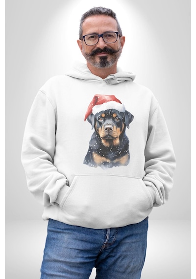 Yeni Yıl Noel Rottweiler Kadın Erkek Beyaz Kapüşonlu Sweatshirt Hoodie Beyaz