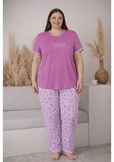 Pemilo Kadın 2005-2 Kısa Kol Büyük Beden Likralı Pijama Takımı LILA