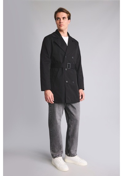 Defacto Slim Fit Astarlı Düğmeli Cepli Kemerli Mevsimlik Trençkot D5528ax26aubk27 Siyah-bk27