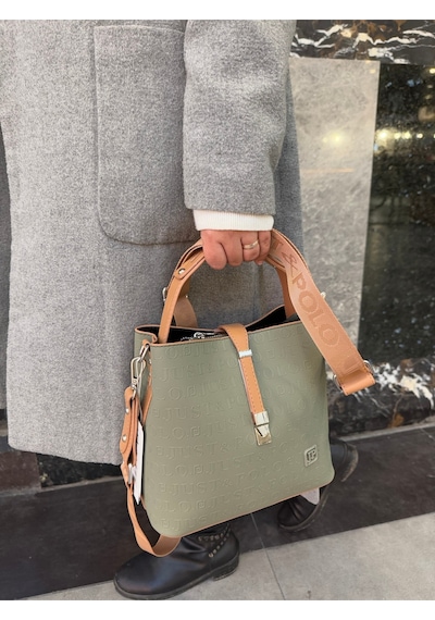 Just Polo Kadın Gofraj Baskılı Büyük Boy El Çantası 4028 Yeşil Camel