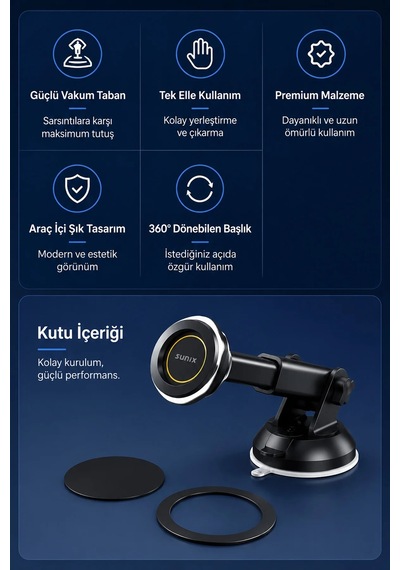 Exenar - Siyah - Araç Torpido Cam 360 Dönen Magsafe Telefon Tutucusu Manyetik Mıknatıslı Telefon Tutacağı Holder