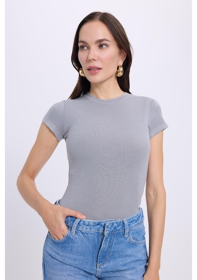Tudors Kadın Slim Fit Dar Kesim Bisiklet Yaka Viskon Kumaş Ultra Soft Gri Tişört-34856 Gri