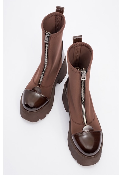 Luvishoes Luvi Shoes Bray Kahve Rugan Scuba Kalın Taban Kadın Bot Koyu Kahverengi