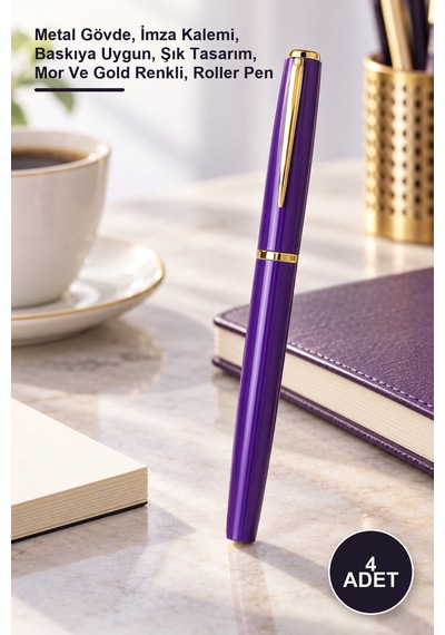 4 Adet Mor Metal Roller Kalem Metal Gövde, İmza Kalemi, Baskıya Uygun, Şık Tasarım, Mor Ve Gold Renkli, Roller Pen 1