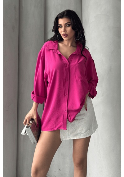 Paw Garage Kadın Perla Fuşya Tek Cepli Oversize Gömlek, Geniş Kalıp Gömlek, Ayrobin Gömlek Nar Çiçeği