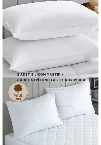 2 Adet Silikon Yastık - 2 Adet %100 Pamuk Yastık Koruyucu 50x70cm Beyaz