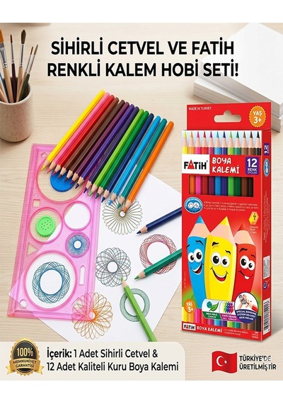 Sihirli Cetvel 1 Adet Ve Fatih 12 Li Kuruboya 1 Paket Plastik Sihirli Daire Cetvel Desen Şablon Çizim Okul Hediye Çok Renkli