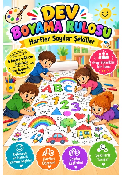 Alfabe, Harfler, Sayılar, Şekiller Dev Boyama Kağıdı Boyama Rulosu Büyük Boy 5 Metre - 808518804