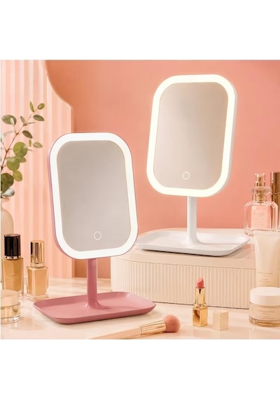 Led Işıklı Makyaj Aynası, 3 Farklı Işık Modu, 360 Derece Döndürülebilir, Dokunmatik Tuşlu Oval Pembe Belirtilmemiş