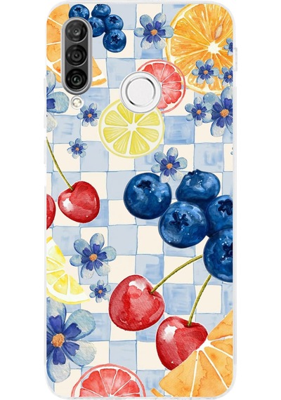 Huawei P30 Lite Uyumlu Sulu Boya Meyve Ve Çiçek Desenli Baskılı Silikon Kılıf Renkli