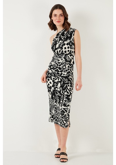 Lela Desenli Slim Fit Midi Boy Tek Omuzlu Bayan Elbise 5866202 Siyah-Beyaz