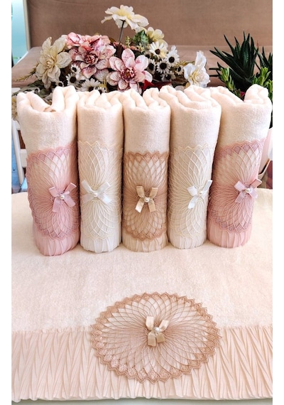 3.lü Set Çeyizlik 50x90 Cm. Lüks Piliseli Özel Kadife Doku El Ve Yüz Havlu Seti, Nişan Havlusu Krem6.lı Krem
