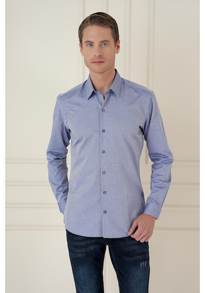 Efor Slim Fit %100 Pamuk Uzun Kol Dokulu Klasik İndigo Gömlek Gk 749 Indigo