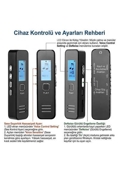64 Gb Ses Kayıt Cihazı Sese Duyar Sensörlü Led Ekranlı,mp3