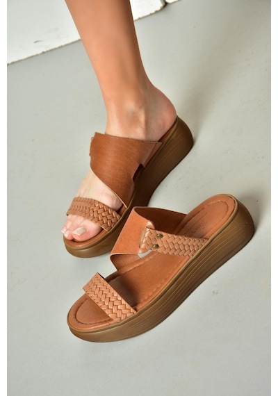 Fox Shoes S291059703 Taba Hakiki Deri Kalın Tabanlı Kadın Terlik Taba