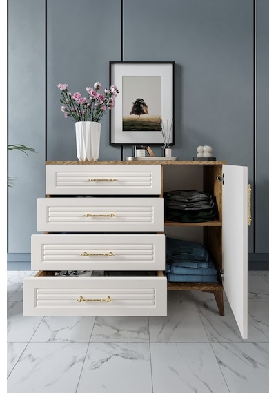 Panjurlu 4 Çekmeceli 1 Kapaklı Şifonyer Modern Tasarım, Mdf Kapak,ekru Ceviz Ceviz - Ekru Panjurlu 4 Çekmeceli 1 Kapaklı Şifonyer Modern Tasarım, Mdf Kapak,ekru Ceviz Ceviz - Ekru