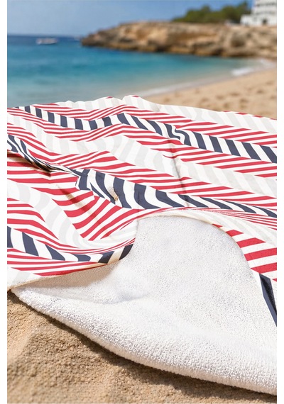 Çizgili Marine Plaj Havlusu - Modern Kırmızı Lacivert Beyaz Hızlı Kuruyan Mikrofiber Havlu Kumlu Akasya